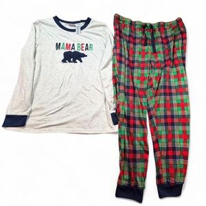 Dearfoams Mama Bear 🐻 Pajama Set - Gray and red & green Plaid set size large